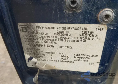 2000 Chevrolet Silverado 1500 Ls from USA, damaged, VIN 2GCEK19T9Y1143502